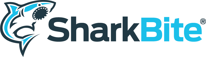 An outline of a blue shark and the word sharkbite.
