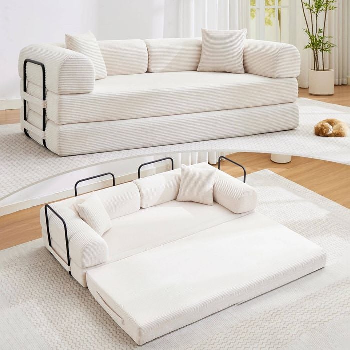 Homfurn 4-in-1 Folding Convertible Sofa Bed, Corduroy Loveseat Sleeper With Pull Out Bed, Floor Couch Bed For Bedroom, Beige