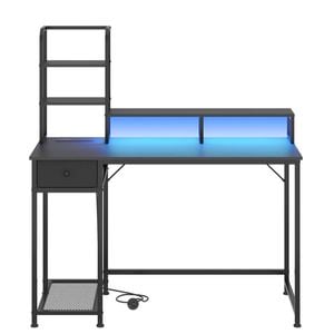 Ufurniture LED Computer Desk Reversible Gaming Desk with Monitor Shelf Black