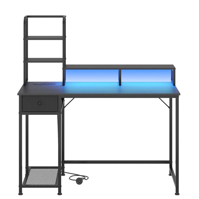 Ufurniture LED Computer Desk Reversible Gaming Desk with Monitor Shelf Black