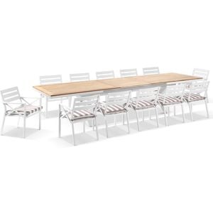 Austin Outdoor 3 - 3.8m Extension Teak/aluminium Table White With 12 Kansas Chairs & Sunbrella Stripe Cushions