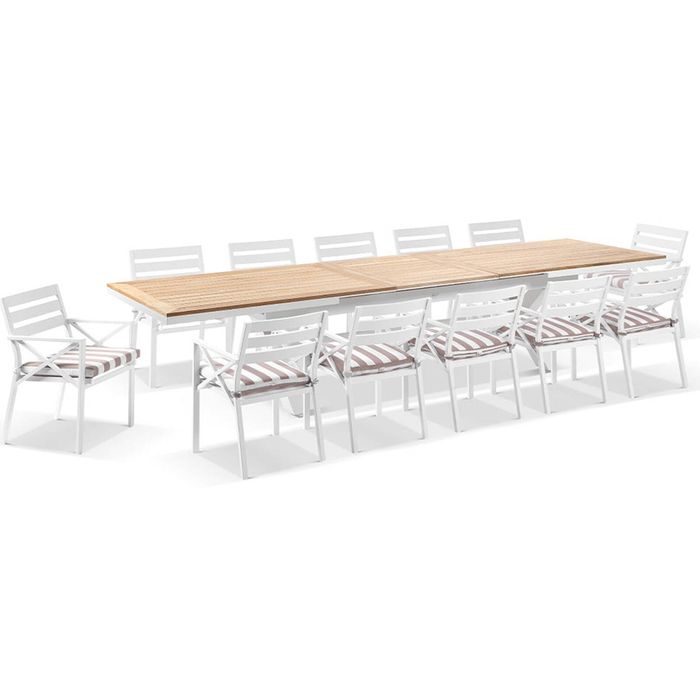 Austin Outdoor 3 - 3.8m Extension Teak/aluminium Table White With 12 Kansas Chairs & Sunbrella Stripe Cushions