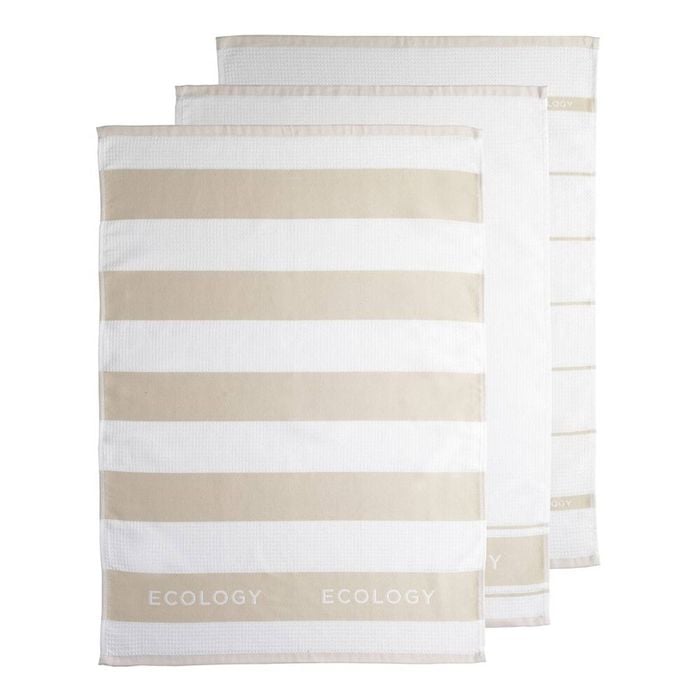 3pc Ecology Fold Striped Kitchen Tea Towels 100% Cotton 50 x 75cm Pumice