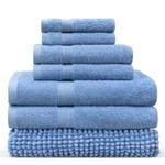 LINENOVA 7 Pieces Cotton Towels Bath Towel Hand Washer Face Cloth Bath Mat Set - Blue Suede