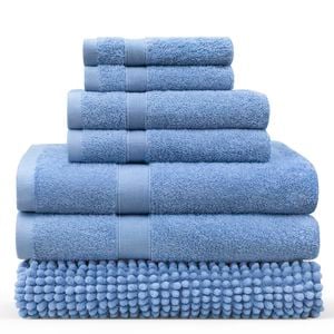 LINENOVA 7 Pieces Cotton Towels Bath Towel Hand Washer Face Cloth Bath Mat Set - Blue Suede