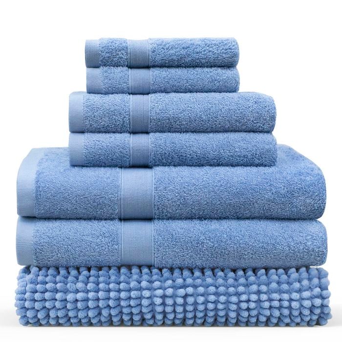 LINENOVA 7 Pieces Cotton Towels Bath Towel Hand Washer Face Cloth Bath Mat Set - Blue Suede