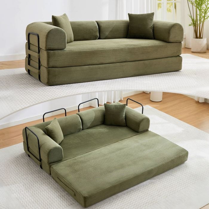 Homfurn 4-in-1 Folding Convertible Sofa Bed, Corduroy Loveseat Sleeper With Pull Out Bed, Floor Couch Bed For Bedroom, Green