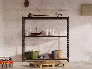 Header with garage shelving in garage set up with pallet in front of it 