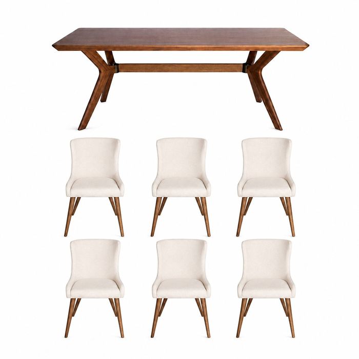 SK Designer Living | 7-Piece Dining Set | Doreen Dining Table 180cm & Osaka Upholstered Chair | Walnut - Ivory Fabric