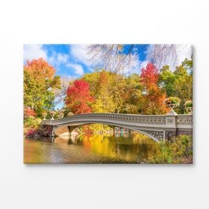 River & Bridge Autumn Tree View Print 100% Australian Made 90x60cm (Stretched Canvas)