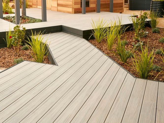 Outdoor area with plants around decking.