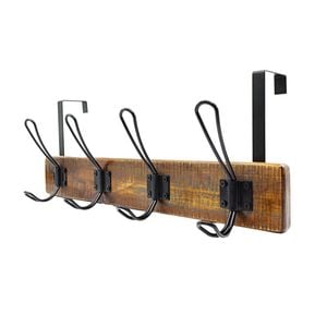 Adoored 4 Black Hook Rustic Board Over-The-Door Deco Hook Rack