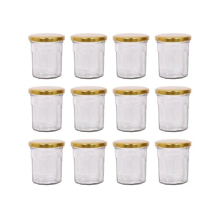 Argon Tableware 150ml Glass Jam Jars With Airtight Gold Lids - Set Of 12 Empty Screw Top Kitchen Storage Preserving Jar