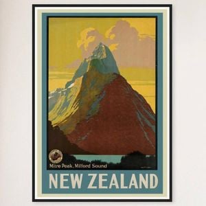 Galrie Milford Sound Vintage Travel Poster Captivating New Zealand Art for Your Home, Black Frame, 50 x 70cm (20 x 28inch)