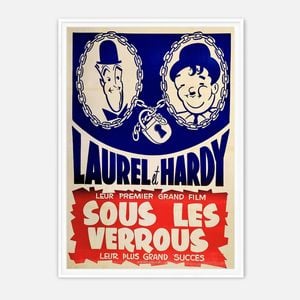 Galrie Laurel and Hardy Vintage Movie Poster Art Print - 'Sous Les Verrous' Cinema Decor, White Frame, 50 x 70cm (20 x 28inch)