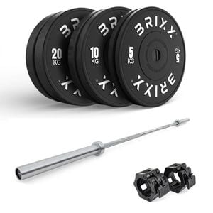 Brixx 70kg Pro Black Olympic Bumper Plates + 20kg Barbell