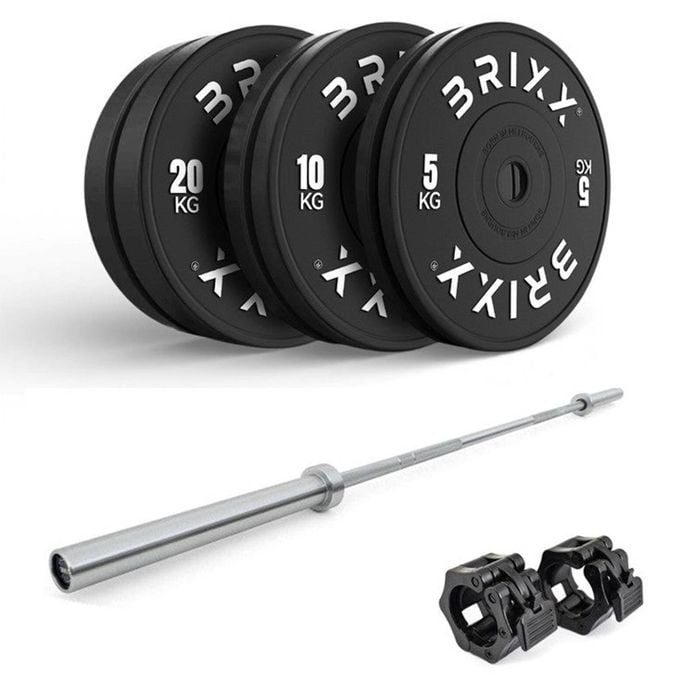 Brixx 70kg Pro Black Olympic Bumper Plates + 20kg Barbell