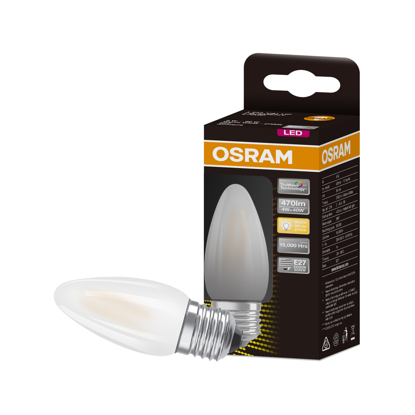 Osram 4W 470lm Warm White Frosted Filament LED Candle E27 Light Globe Bunnings Australia