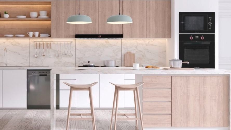 Light timber kitchen with Black Canopy Rangehood, Multifunction Oven, Built In Microwave Grill, Black Stainless Steel Dishwasher, and Ceramic Cooktop