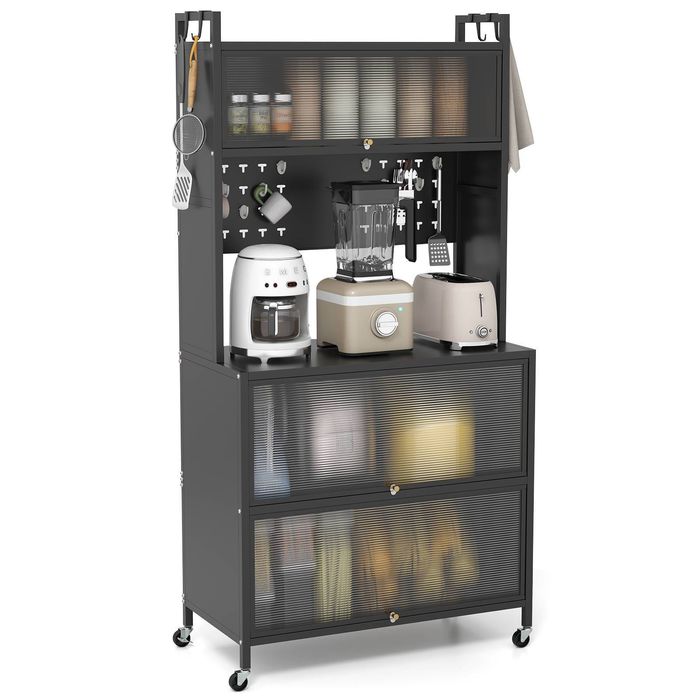 Costway 5-Tier Kitchen Bakers Rack Rolling Microwave Stand Storage Cabinet Black