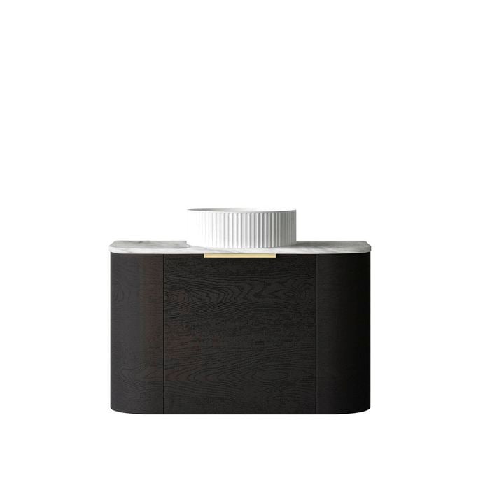 Attica Bentwood 750mm Black Oak Curve Wall Hung Vanity With Natural Carrara Marble Top