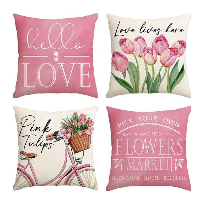Catzon 4 Pcs Tulips Bicycle Pillow Covers Spring Decorative Cushion Cases-Pink