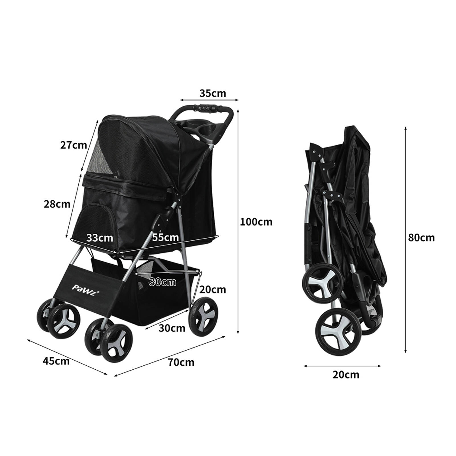 PaWz Black 4 Wheels Compact Design Waterproof Pet Stroller and Drink Holder Bunnings Australia