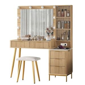 Verto Modern Wood Dressing Table with LED Bulb Mirror & Stool Set