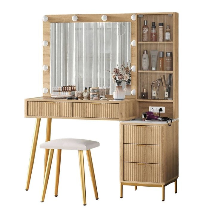 Verto Modern Wood Dressing Table with LED Bulb Mirror & Stool Set