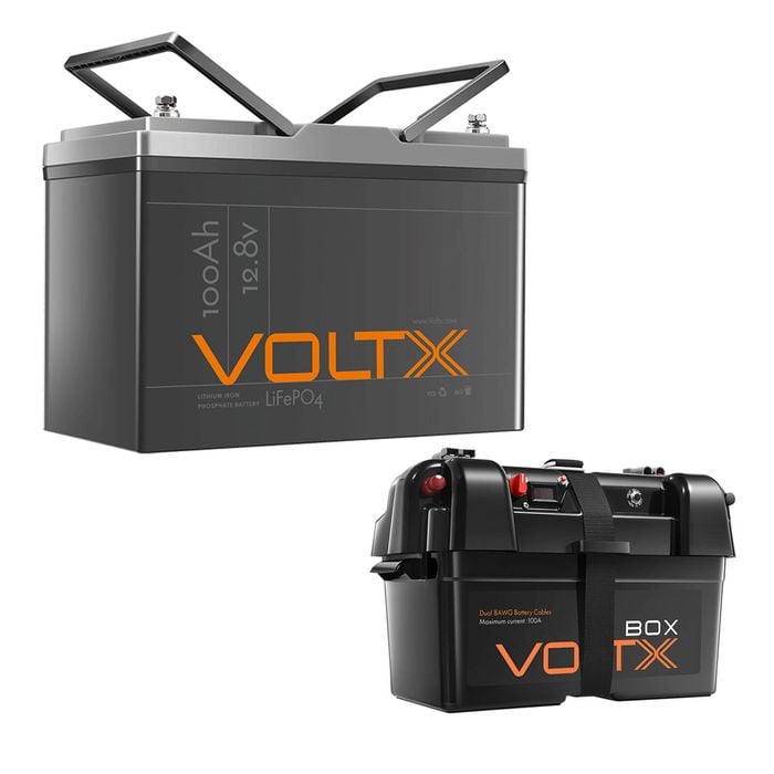 VoltX 12V 100Ah LiFePO4 Lithium Battery + Battery Box – Portable Power for RV, Camping & Off-Grid Backup