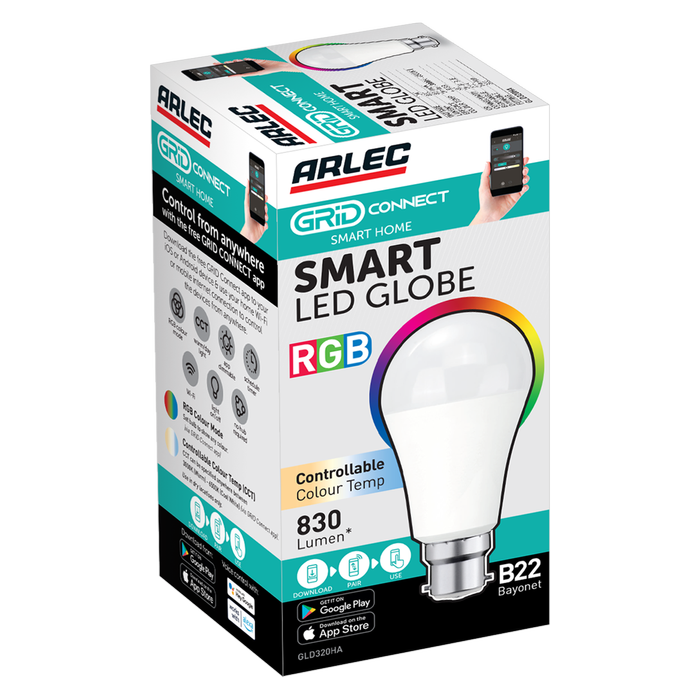 Arlec B22 LED 830lm RGB CCT Colour Mode Grid Connect Smart 10W Globe