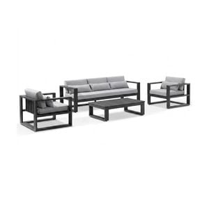 Santorini 3+1+1 Aluminium Lounge Setting Charcoal With Coffee Table & Olefin Light Grey Cushions