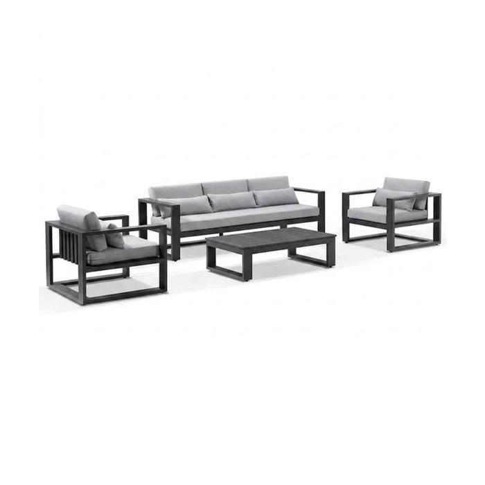 Santorini 3+1+1 Aluminium Lounge Setting Charcoal With Coffee Table & Olefin Light Grey Cushions