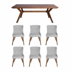 SK Designer Living | 7-Piece Dining Set | Doreen Wood Dining Table 180cm & Osaka Upholstered Chair | Walnut - Light Grey Fabric