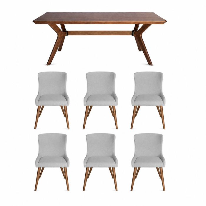 SK Designer Living | 7-Piece Dining Set | Doreen Wood Dining Table 180cm & Osaka Upholstered Chair | Walnut - Light Grey Fabric