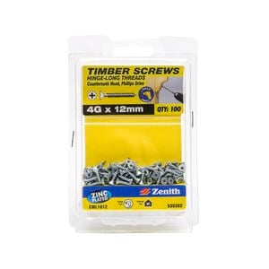 Zenith 4G x 12mm Zinc Plated Hinge-Long Threads Countersunk Head Timber Screws - 100 Pack