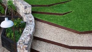 Luscious green grass steps with rock retaining wall