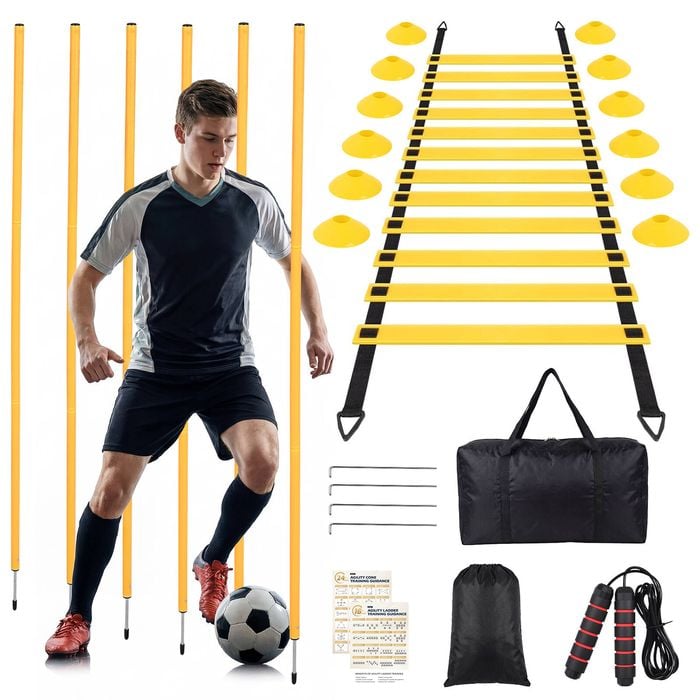 Soccer Training Equipment Set, 6.5ft Speed Agility Poles with Ground Stakes, 6m Agility Ladder, 12 Disc Cones & Jump Rope, Profe