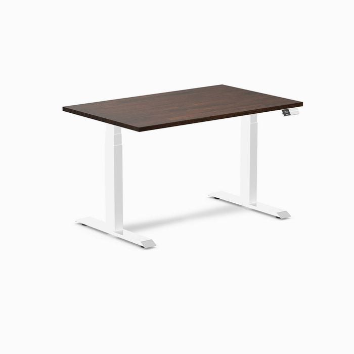Desky Dual Dark Walnut Rubberwood Sit Stand Desk 120x75cm White Frame Leg