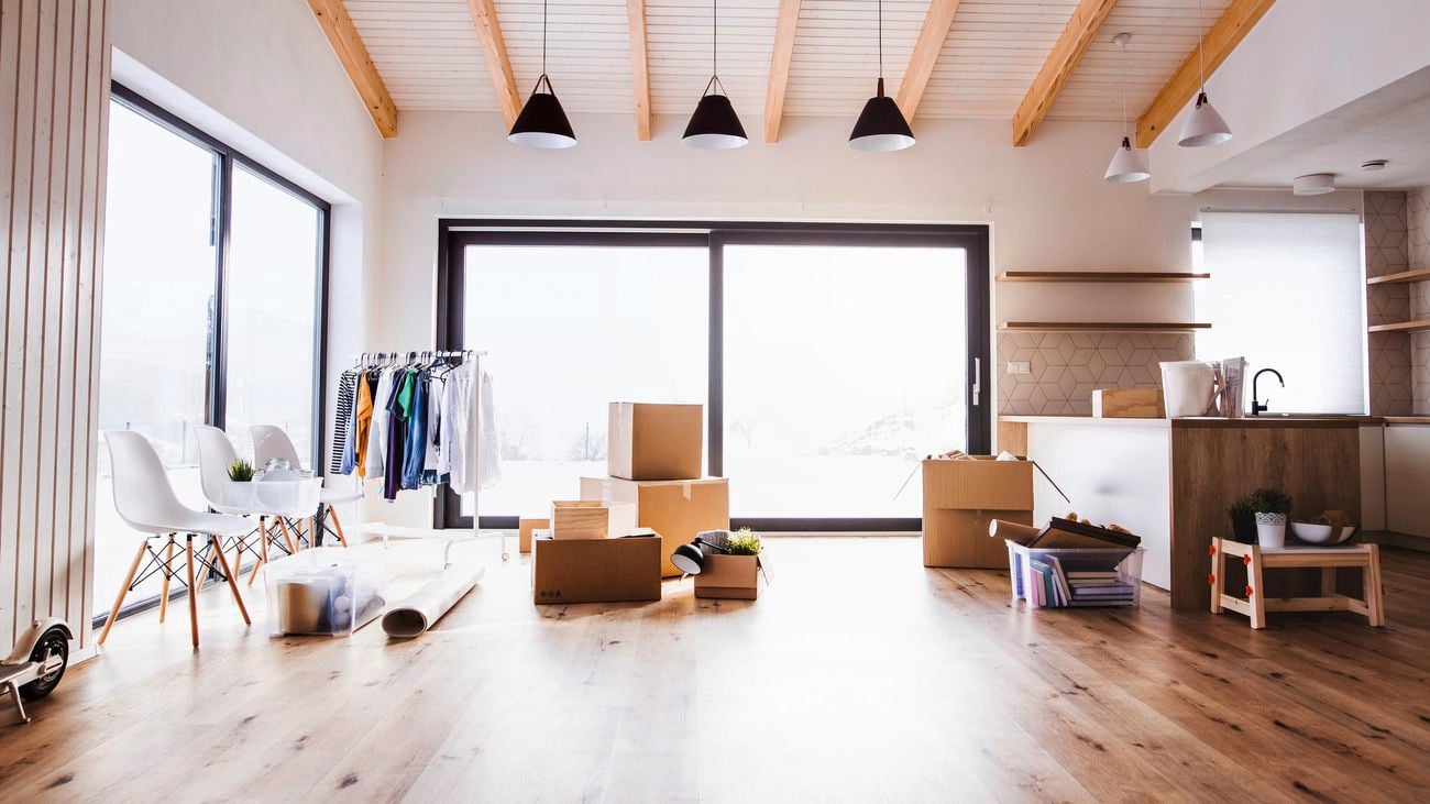 Moving boxes in a modern living room