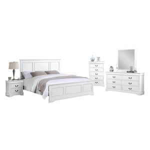 5 Pieces Bedroom Suite in Solid Wood & MDF King Size White Colour Bed, Bedside Table, Dresser & Tallboy