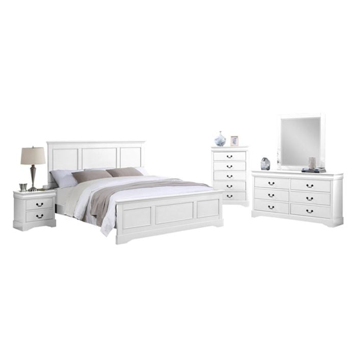 5 Pieces Bedroom Suite in Solid Wood & MDF King Size White Colour Bed, Bedside Table, Dresser & Tallboy