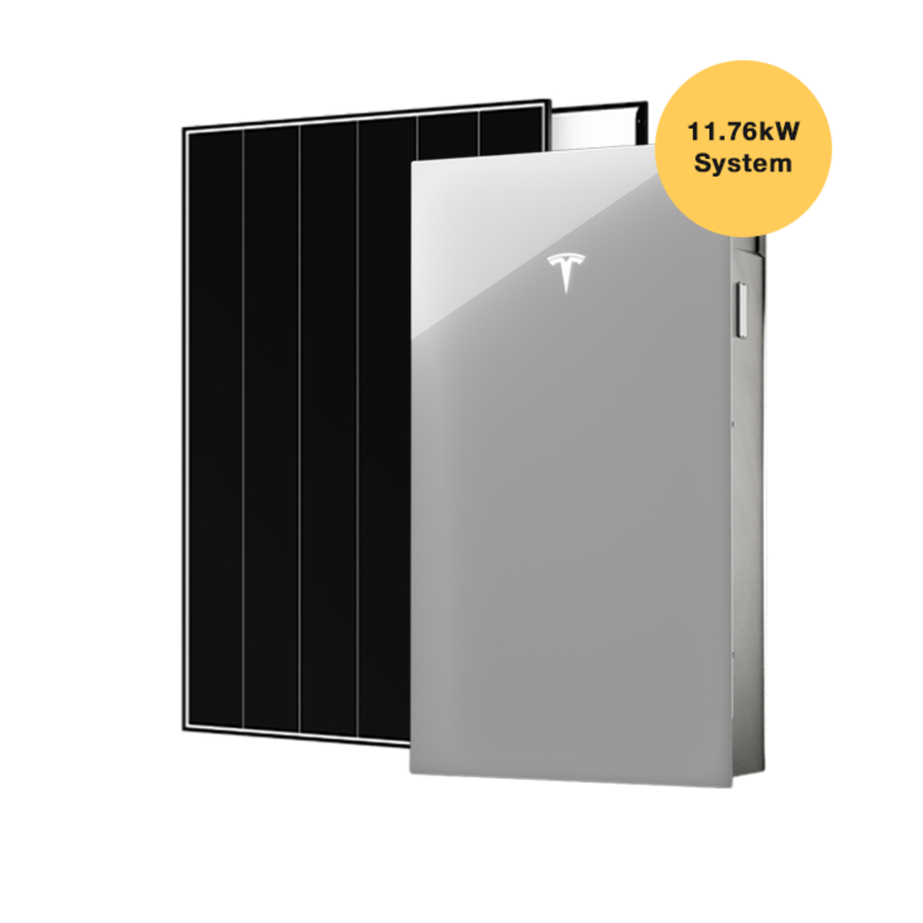 A white Tesla Powerwall battery unit with a sleek, glossy finish and the Tesla logo on the front.