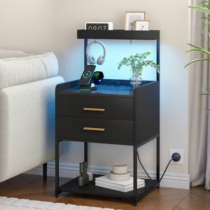 Ufurniture Side Table with Charging Station and LED Lights Bedside Table Black Nightstand 2 Drawers and Open Shelves