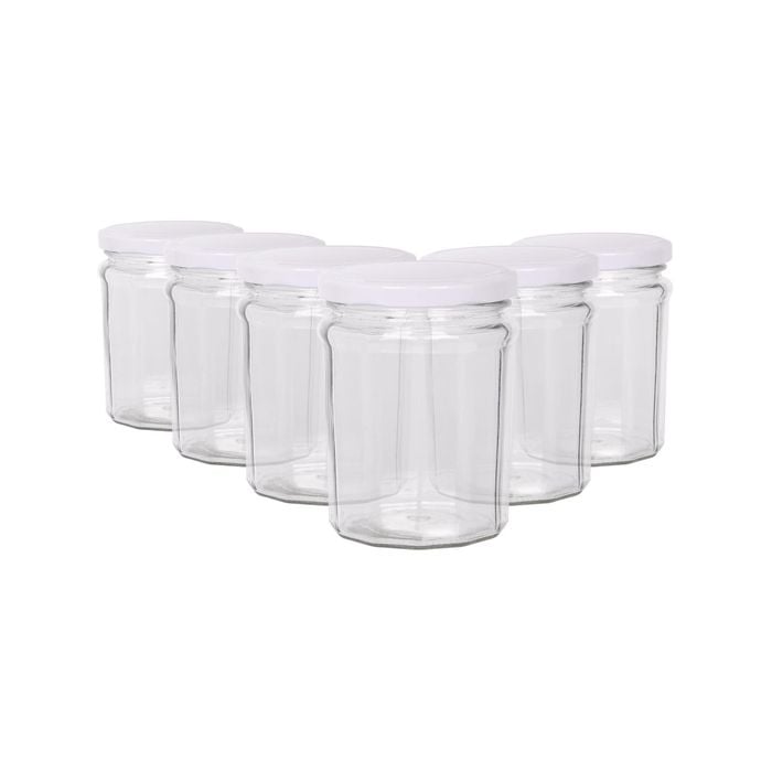 Argon Tableware 380ml Glass Jam Jars With Airtight White Lids - Set Of 6 Empty Screw Top Kitchen Storage Preserving Jar