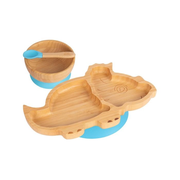 Tiny Dining Children's Bamboo Dinosaur Plate, Bowl and Spoon with Suction Cups - Segmented Design - Blue