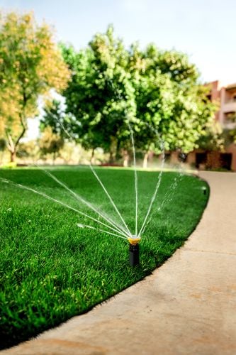 Pop up sprinkler spraying water on a lawn