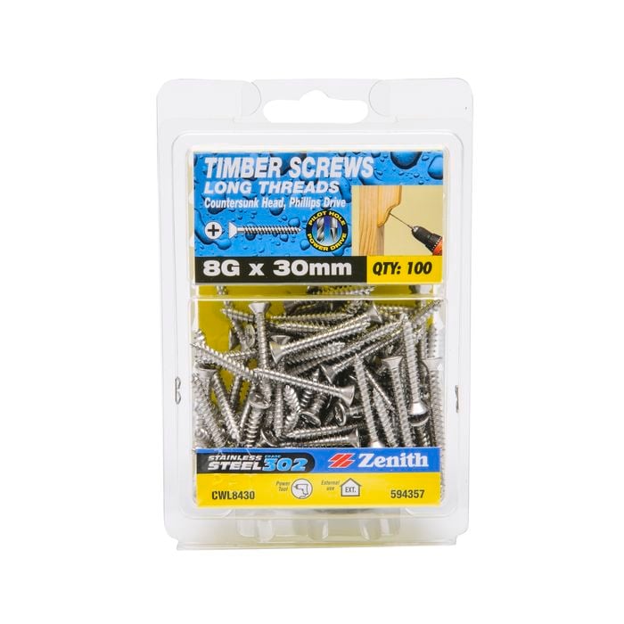 Zenith 8G x 30mm Stainless Steel Long Thread Countersunk Head Timber Screws - 100 Pack