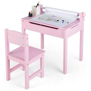 Costway Kids Table Chair Set Lift-Top Storage w/Paper Roll Pink
