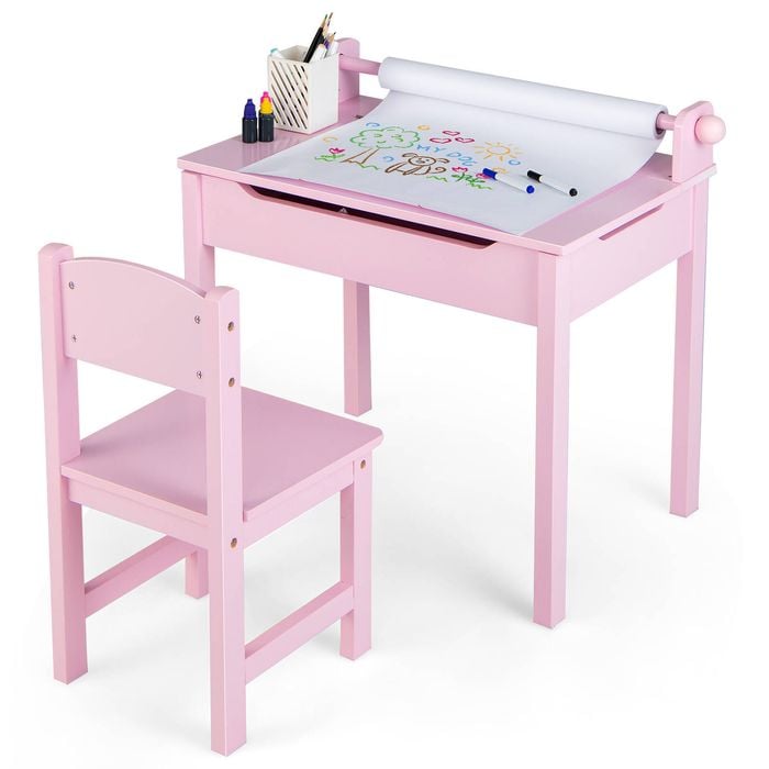 Costway Kids Table Chair Set Lift-Top Storage w/Paper Roll Pink
